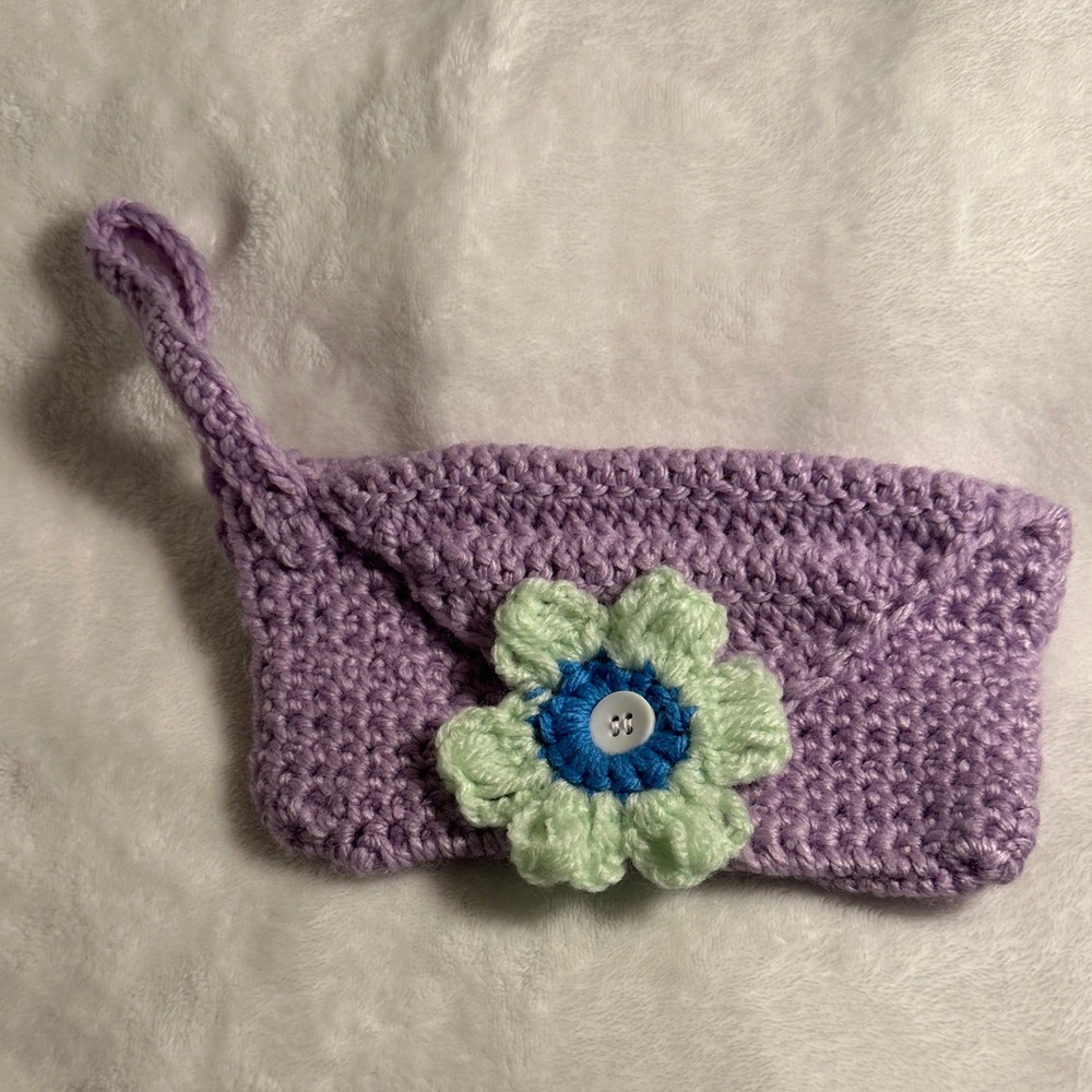 New no tag, hand made Purple Crochet Pouch with Flower Accent